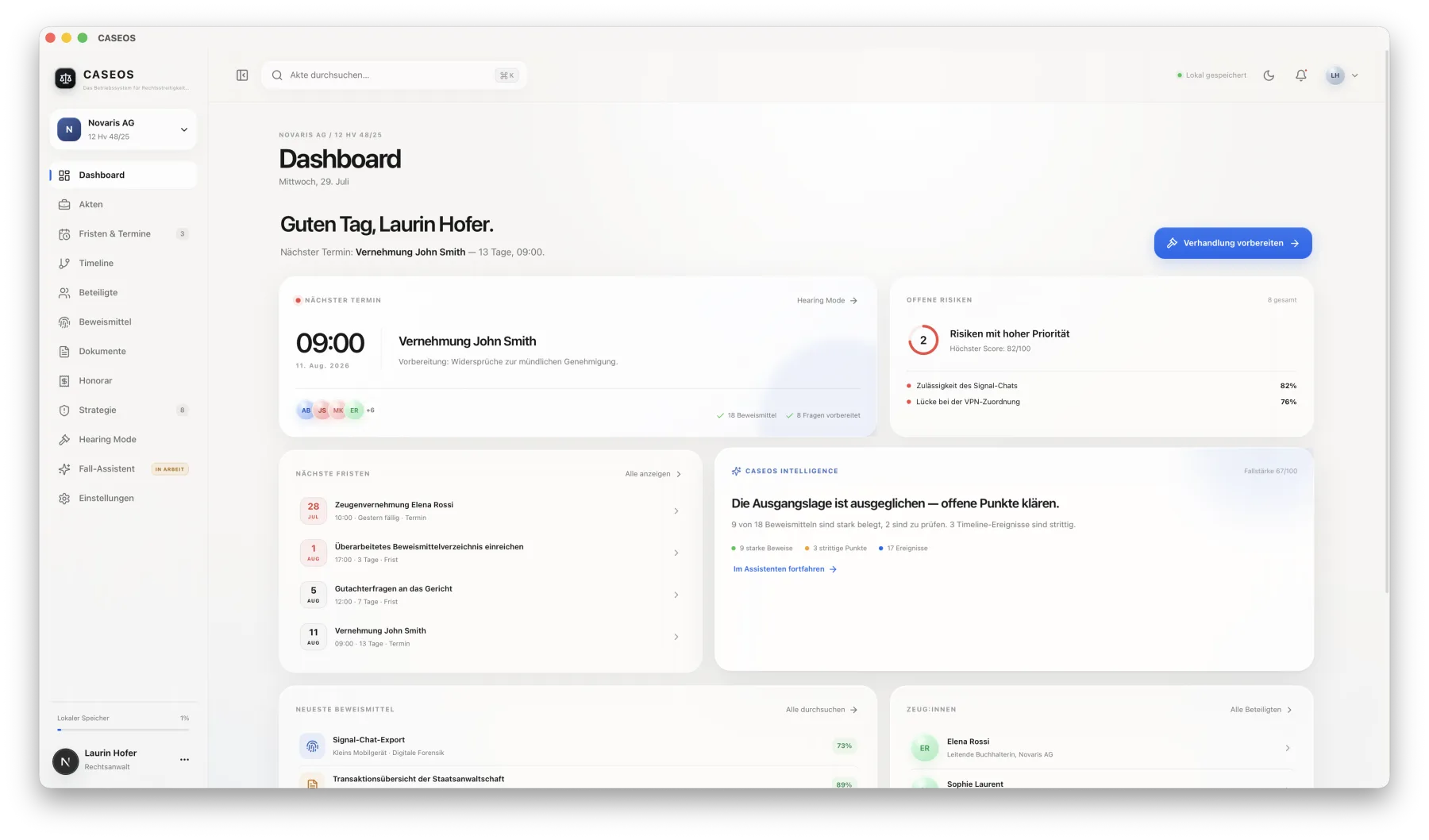 CASEOS Dashboard mit Termin, Risiken, Fristen und Beweismitteln